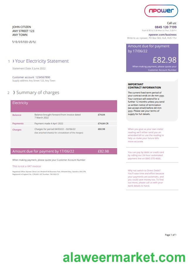 United Kingdom Npower utility bill, Word and PDF template